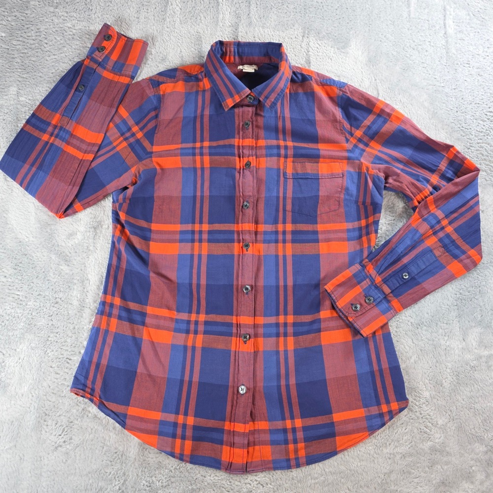 J.Crew Womens Small Orange Blue Plaid Button Down Shirt 03411 Long Sleeve Cotton